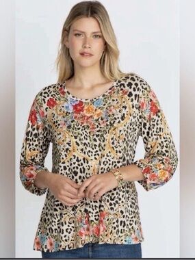 Johnny Was Cheetah Puff Sleeve Multicolor Floral Top Boho spring summer